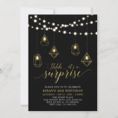 Invitation Gold & Black String Lumières Surprise fête d'anniv (Devant)