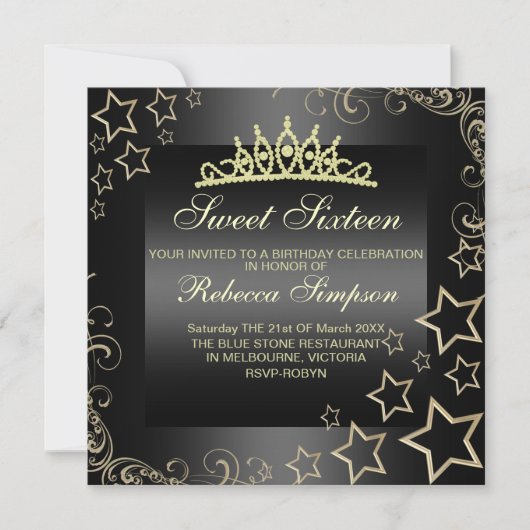 Invitation Gold/Black Sweet16 Star & Tiara Birthday Invitatio (Devant)