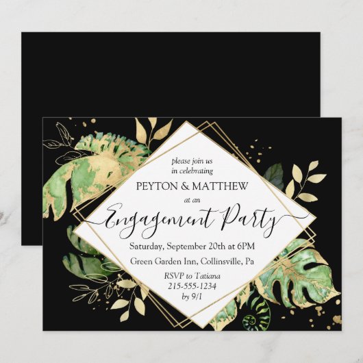 Invitation Gold & Black Tropical Foliage Engagement Party Inv (Devant / Derrière)