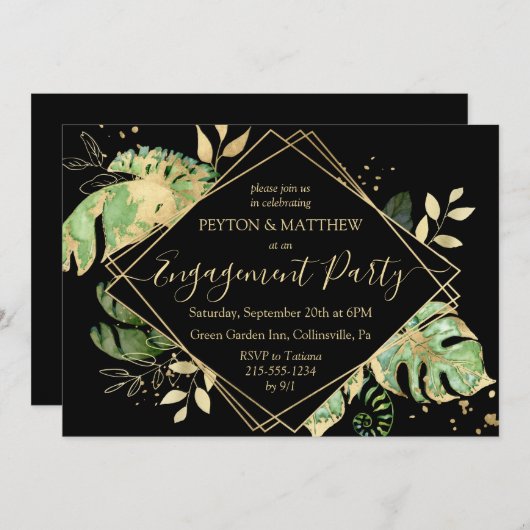 Invitation Gold & Black Tropical Foliing (Devant / Derrière)