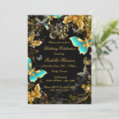 Invitation Gold Black Turquoise Butterfly Floral fête d'anniv (Debout devant)