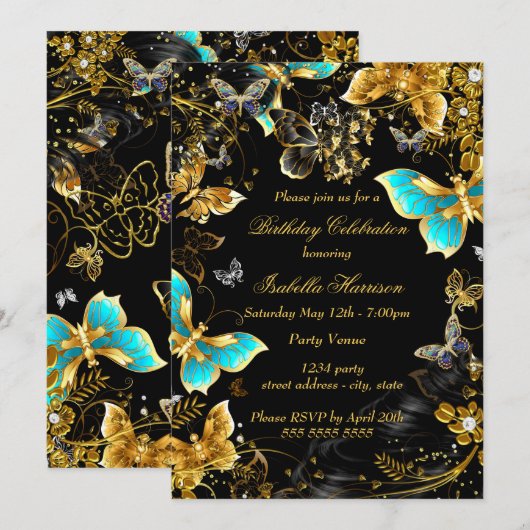 Invitation Gold Black Turquoise Butterfly Floral fête d'anniv (Devant / Derrière)