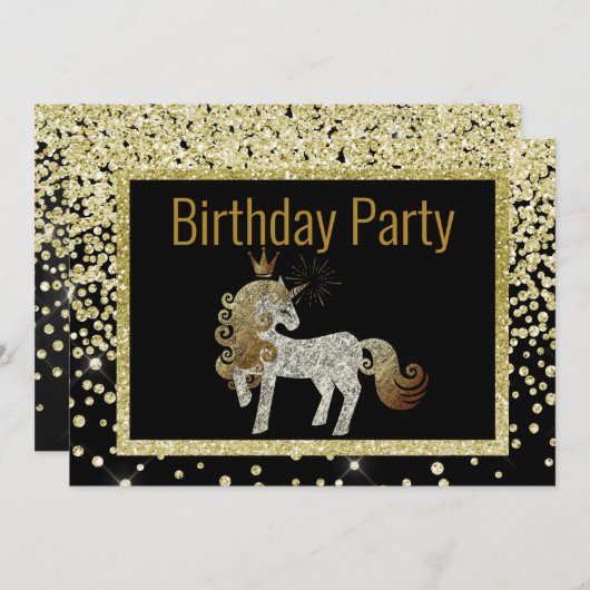 Invitation Gold Black Unicorn Éparkie Anniversaire (Devant / Derrière)