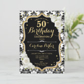Invitation Gold Black White Damask Photo 50th Birthday (Debout devant)