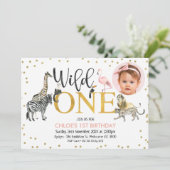 Invitation Gold Black Wild One Safari Animaux Anniversaire Ph (Debout devant)