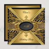 Invitation Gold Black Zebra Leopard 40e fête d'anniversaire (Devant / Derrière)