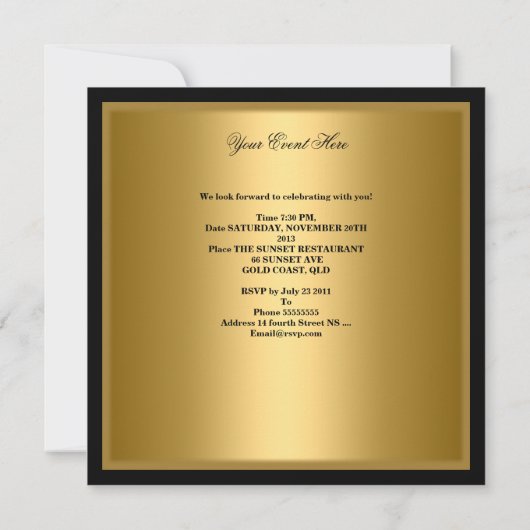 Invitation Gold Black Zebra Leopard 40e fête d'anniversaire (Dos)