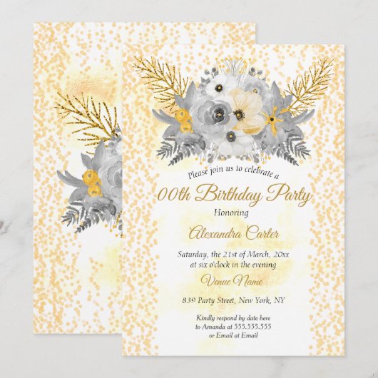 Invitation Gold Blanc gris floral Bouquet fête d'anniversaire (Devant / Derrière)