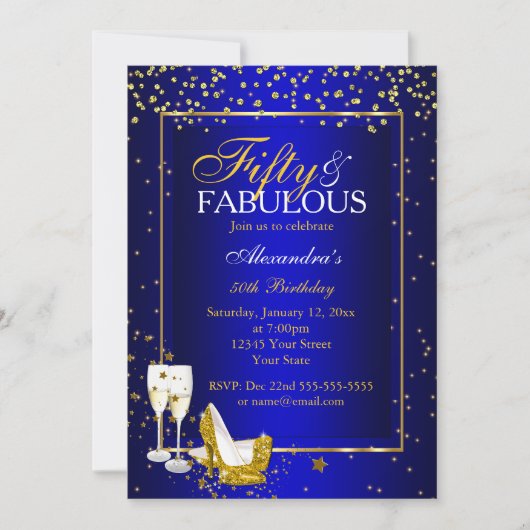 Invitation Gold Blue 50 Fabuleux fête champagne d'anniversair (Devant)