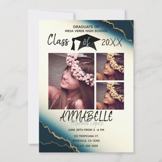Invitation Gold Blue Agate Graduation Party 3 Photo (Devant)