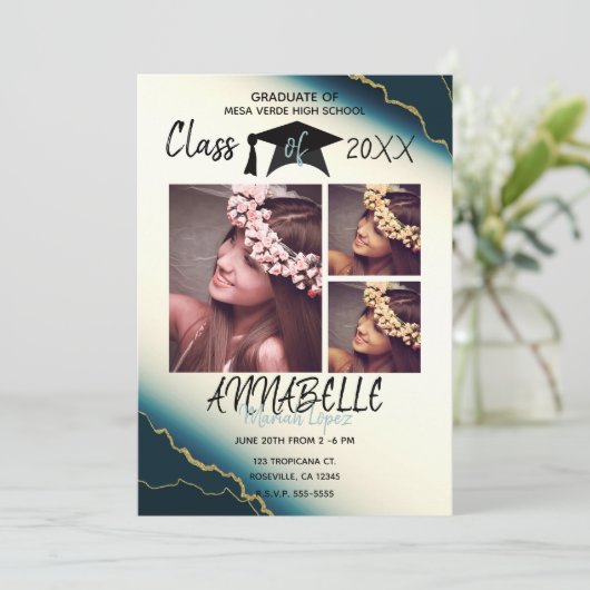 Invitation Gold Blue Agate Graduation Party 3 Photo (Debout devant)