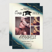 Invitation Gold Blue Agate Graduation Party 3 Photo (Devant / Derrière)