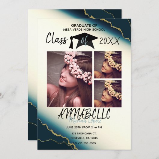 Invitation Gold Blue Agate Graduation Party 3 Photo (Devant / Derrière)