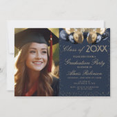 Invitation Gold blue balloons collage graduation party photo (Devant)