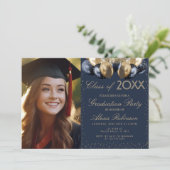 Invitation Gold blue balloons collage graduation party photo (Debout devant)