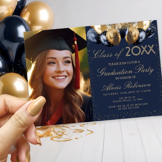 Invitation Gold blue balloons collage graduation party photo