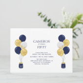Invitation Gold & Blue Balloons Moderne Adulte fête d'anniver (Debout devant)