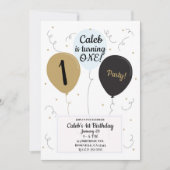 Invitation Gold Blue & Black Balloons Boys 1er fête d'anniver (Devant)