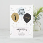 Invitation Gold Blue & Black Balloons Boys 1er fête d'anniver (Debout devant)