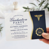 Invitation Gold Blue Caduceus Médicale School Graduation Part