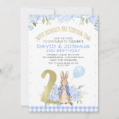 Invitation Gold Blue Floral Peter Rabbit 2e anniversaire (Devant)