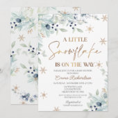 Invitation Gold Blue Floral Petit Baby shower de flocon de ne (Devant / Derrière)
