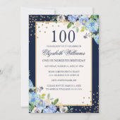 Invitation Gold Blue floral Sparkle 100e anniversaire Invitat (Devant)