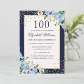 Invitation Gold Blue floral Sparkle 100e anniversaire Invitat (Debout devant)
