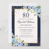Invitation Gold Blue floral Sparkle 80e anniversaire Invitati (Devant)