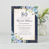 Invitation Gold Blue floral Sparkle 80e anniversaire Invitati (Debout devant)