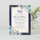 Invitation Gold Blue floral Sparkle 90e anniversaire Invitati (Debout devant)
