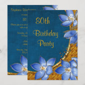 Invitation Gold & Blue Flowers 80e anniversaire (Devant / Derrière)