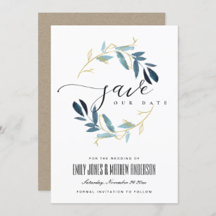 INVITATION GOLD BLUE FOLIAGE WATERCOLOR WREATURE SAUVEGARDER