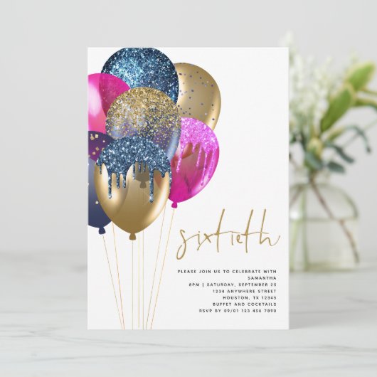 Invitation Gold Blue Fuchsia Parties scintillant Ballons 60e (Debout devant)