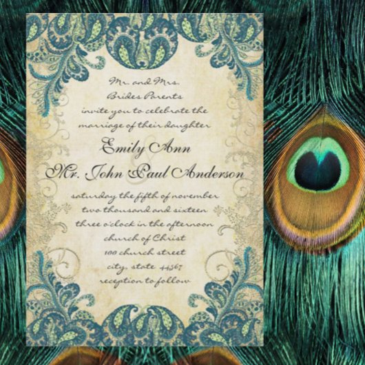 Invitation Gold Blue Green Paisley Peacock Mariage Non Peacoc
