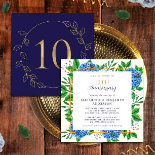 Invitation Gold Blue Hydrangea 10e anniversaire de Mariage