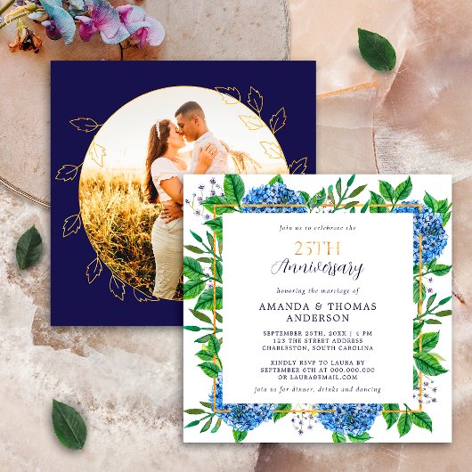 Invitation Gold Blue Hydrangea 25e anniversaire de la photo M