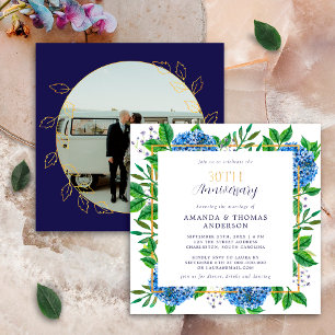 Invitation Gold Blue Hydrangea 30e anniversaire de photo Mari