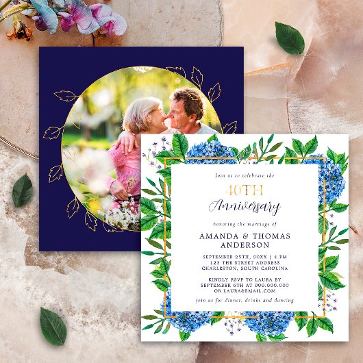 Invitation Gold Blue Hydrangea 40e anniversaire de photo Mari