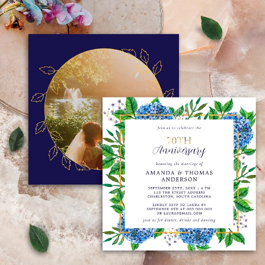 Invitation Gold Blue Hydrangea 70e anniversaire de la photo d