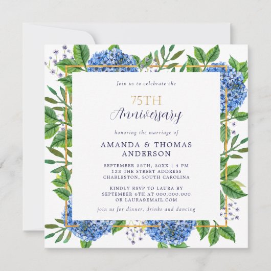 Invitation Gold Blue Hydrangea 75e anniversaire de la photo d (Devant)