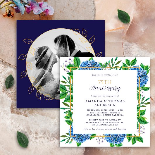 Invitation Gold Blue Hydrangea 75e anniversaire de la photo d
