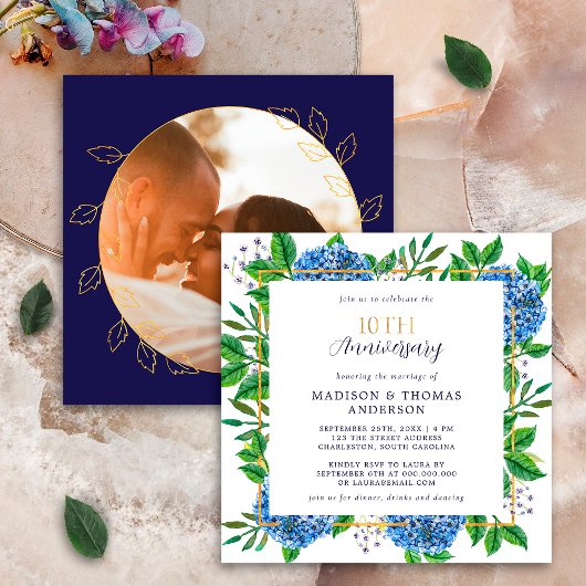 Invitation Gold Blue Hydrangea Photo 10e anniversaire de Mari