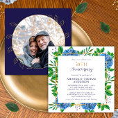 Invitation Gold Blue Hydrangea Photo 50e anniversaire de Mari