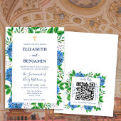 Invitation Gold Blue Hydrangeas QR Code Mariage catholique