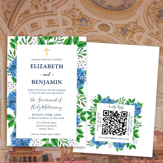 Invitation Gold Blue Hydrangeas QR Code Mariage catholique