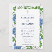 Invitation Gold Blue Hydrangeas QR Code Mariage catholique (Devant)