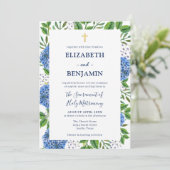 Invitation Gold Blue Hydrangeas QR Code Mariage catholique (Debout devant)