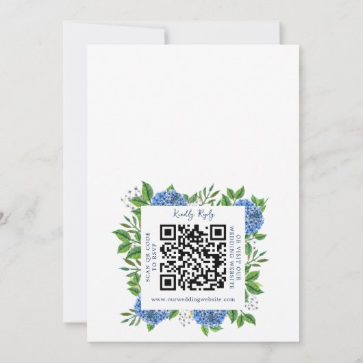 Invitation Gold Blue Hydrangeas QR Code Mariage catholique (Dos)