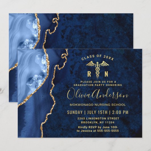 Invitation Gold Blue Nursing School Graduation Party (Devant / Derrière)